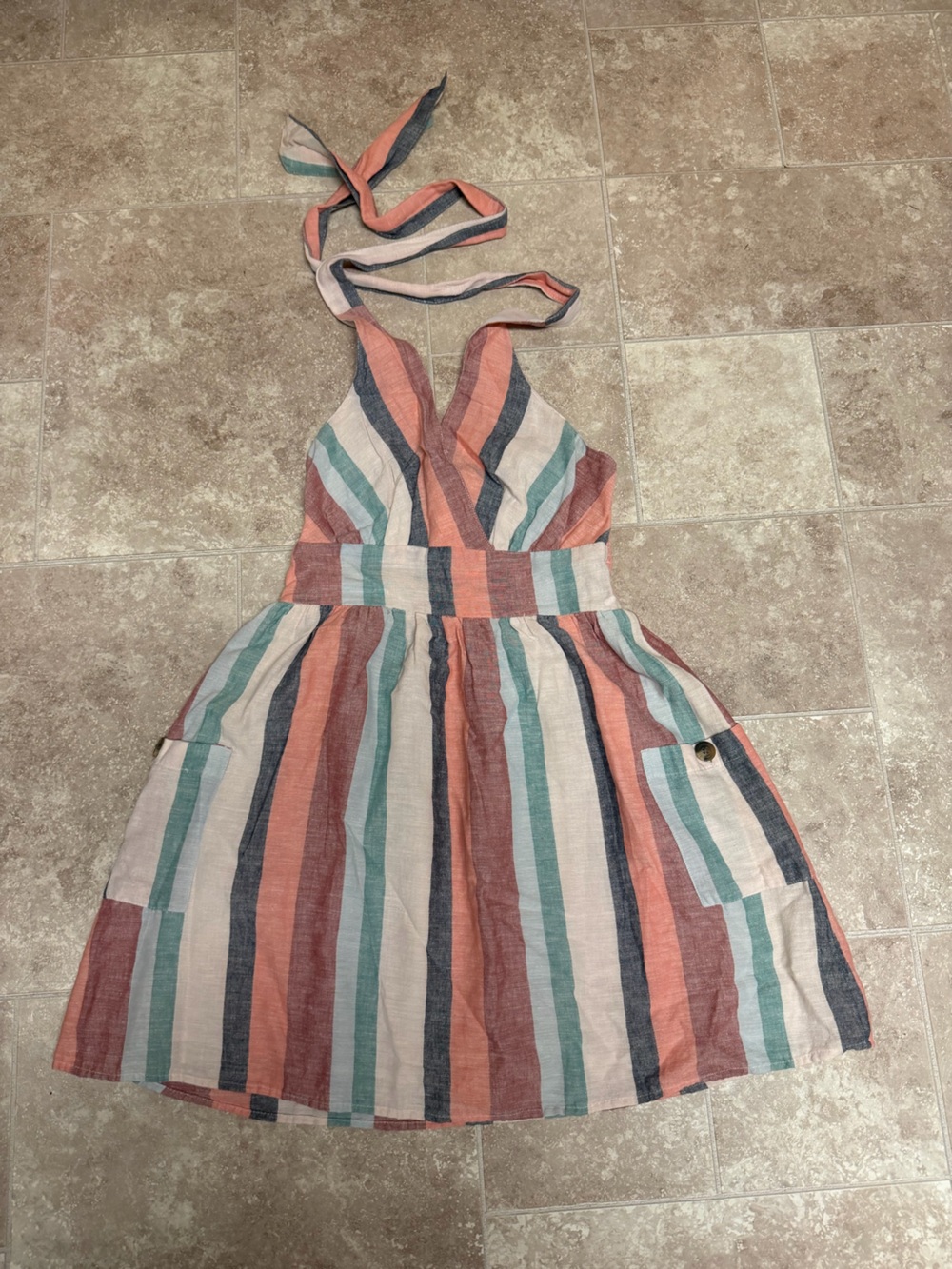 American Eagle Outfitters Coral, Teal & Navy Striped Halter Mini Dress